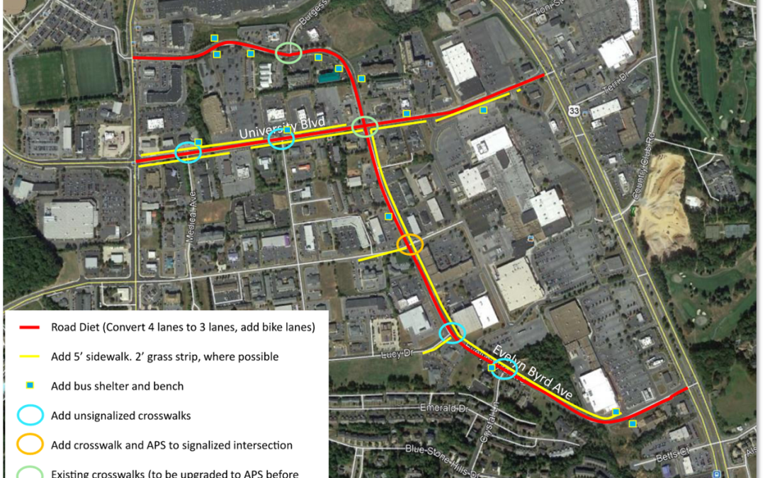 A map showing the proposed sidewalk changes in red and yellow